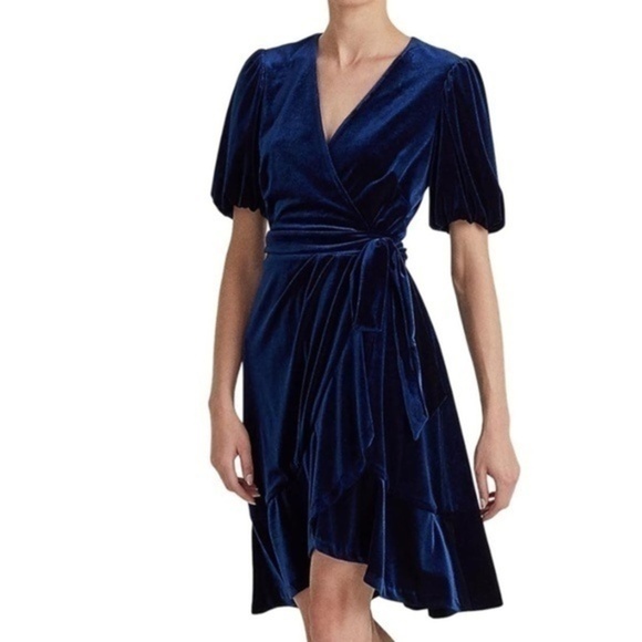 Lauren Ralph Lauren. Puff Sleeve Velvet  Wrap Dress. - Picture 1 of 14